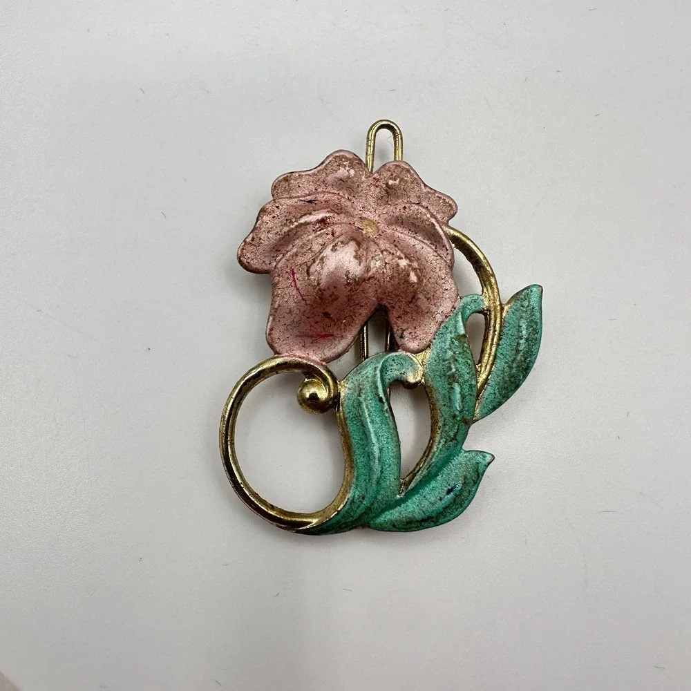 Vintage 90s Gold Tone Flower Brooch Pin Pink Green Enamel Boho Jewelry